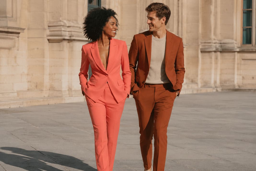 Women's coral trouser suit and men's rust suit worn outdoors together