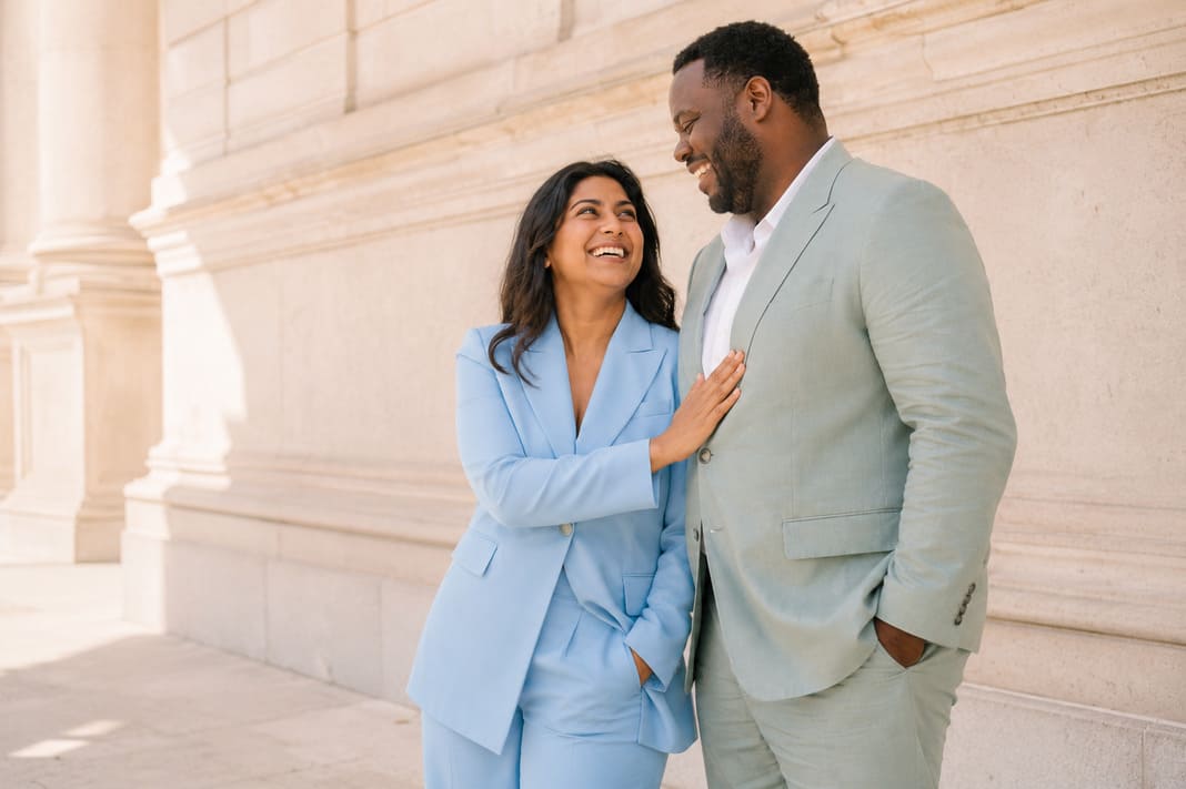 A man and woman together outdoors wearing tailored pale blue Icon Collection suits
