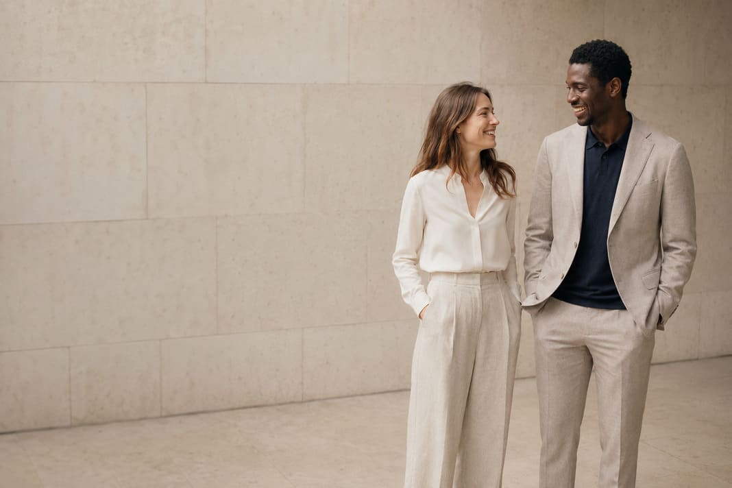 An illustrative image of a man and a woman enjoying wearing the Brummell wardrobe capsule