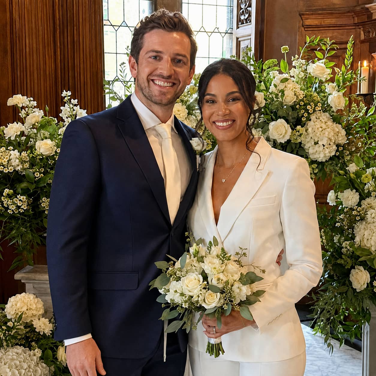 A photo of a happily married couple posing in their bespoke wedding suits.