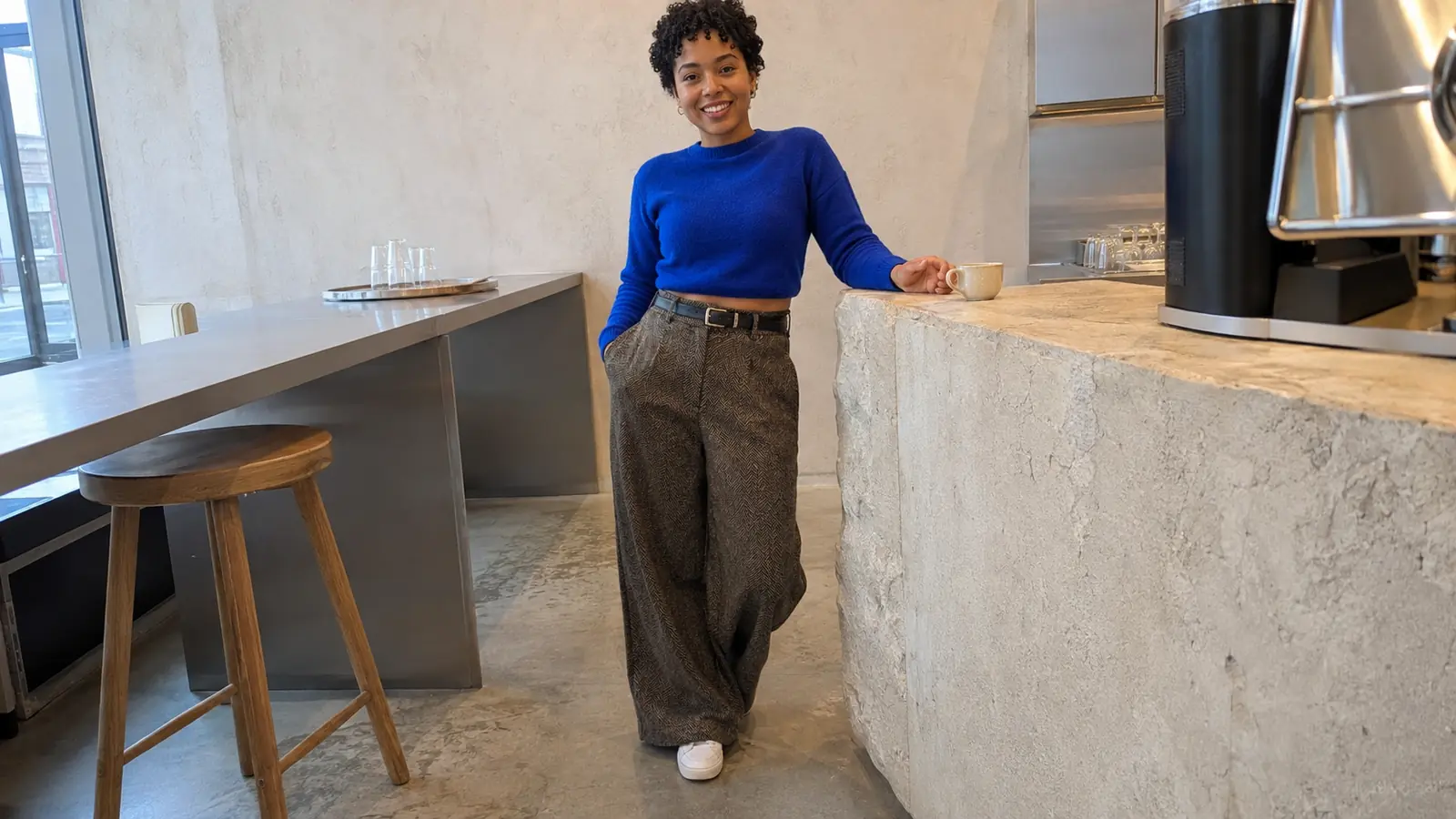 Women's Brown Herringbone Tweed Trousers Create Relaxed Contemporary Style with Bright Knitwear Women's Brown Herringbone Tweed Trousers Create Relaxed Contemporary Style with Bright Knitwear