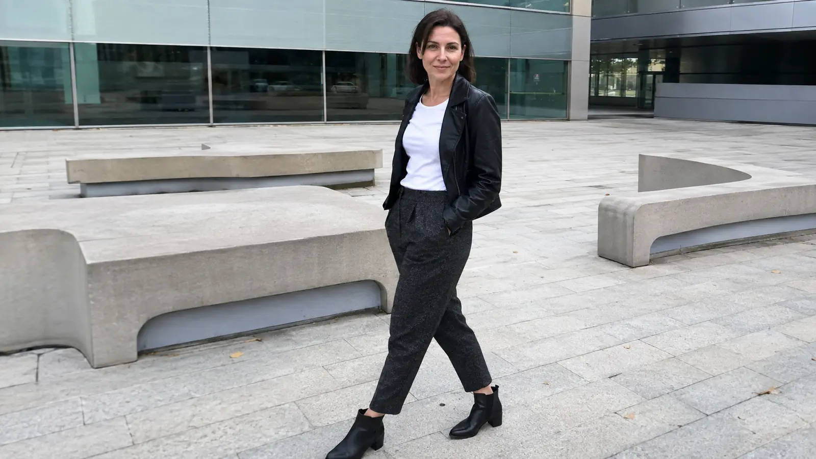 Women's Charcoal Tweed Trousers Styled with Modern Leather Jacket for London Days Women's Charcoal Tweed Trousers Styled with Modern Leather Jacket for London Days
