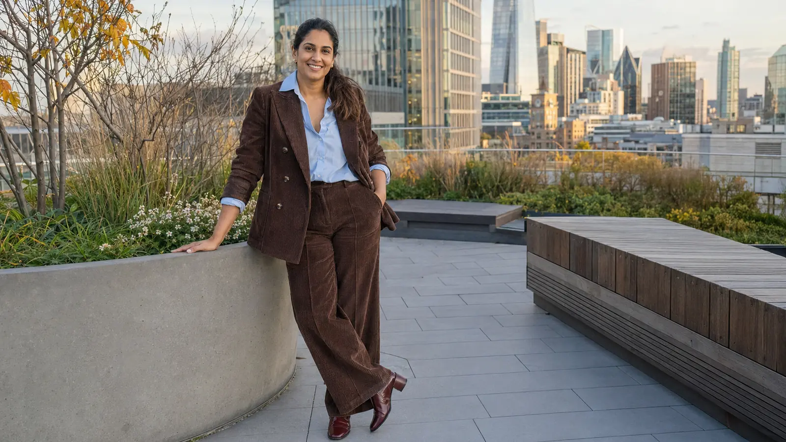 Women's Chocolate Corduroy Suit Offers Modern Structure for Effortless Autumn Citywear Styling Women's Chocolate Corduroy Suit Offers Modern Structure for Effortless Autumn Citywear Styling