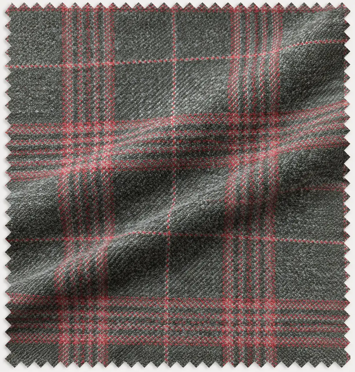 Grey windowpane check cloth swatch with a red and white overcheck
