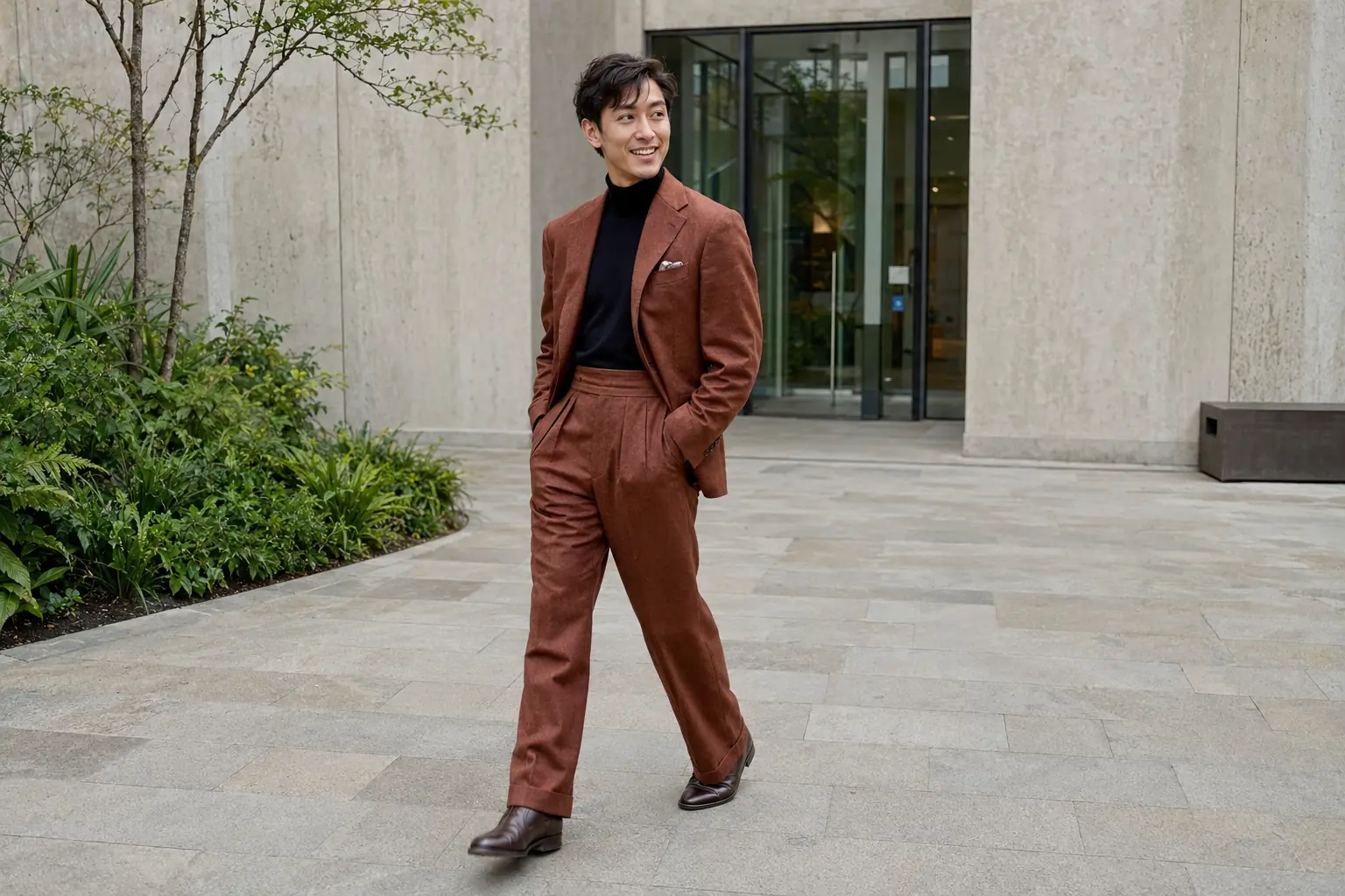 man wears rust bespoke suit through contemporary london gallery courtyard