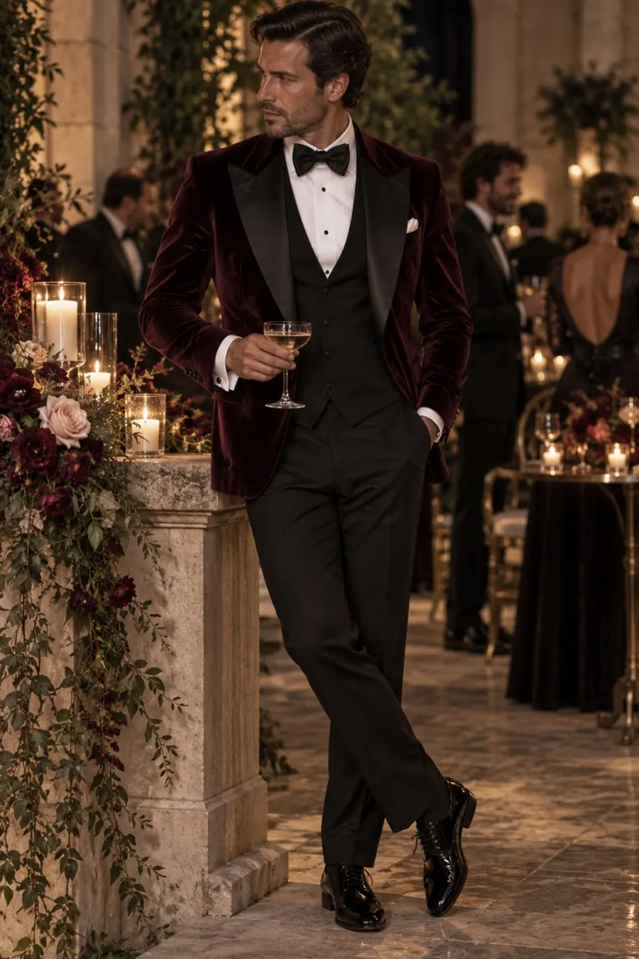 Burgundy velvet dinner jacket worn with a black bow tie
