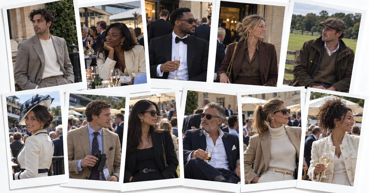 Collage of men and women in suits, blazers and evening wear at a summer race day