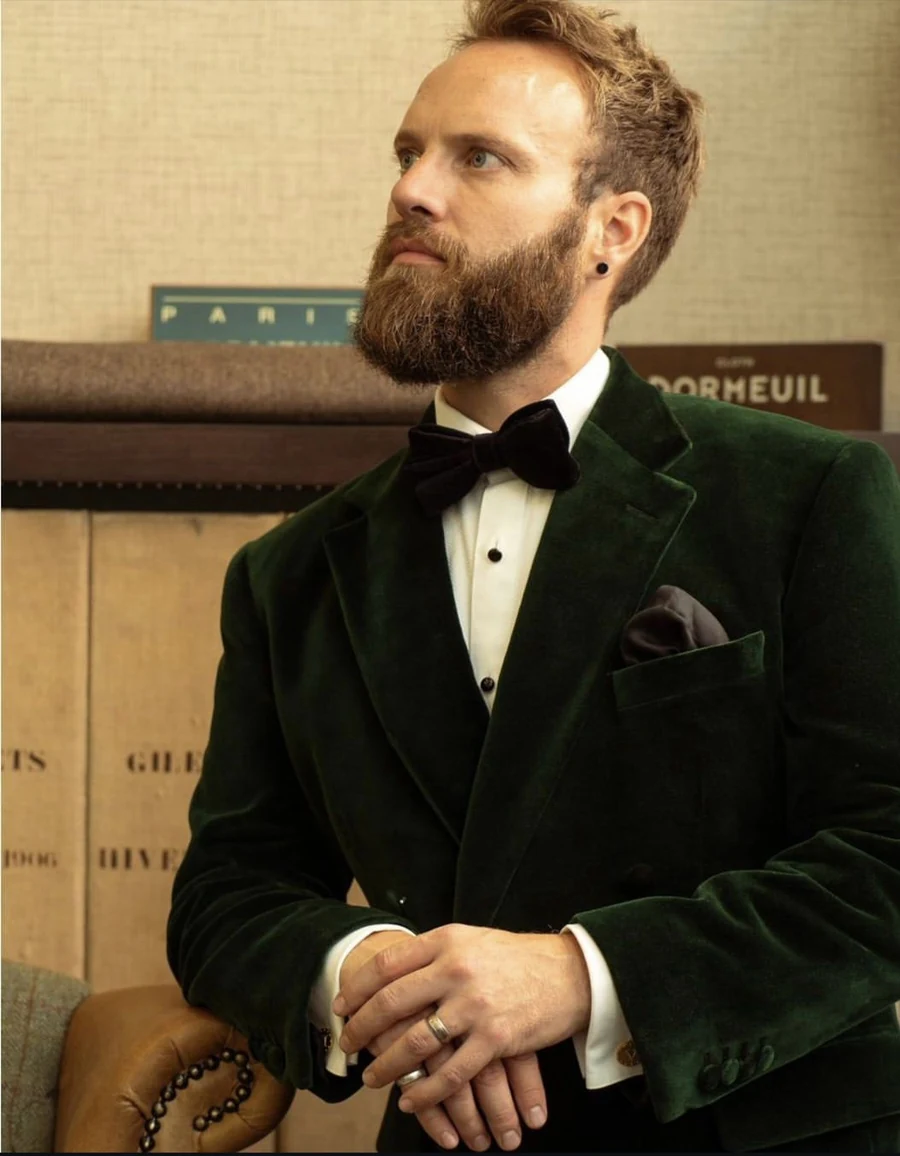 Bottle green velvet tuxedo jacket for winter evening events