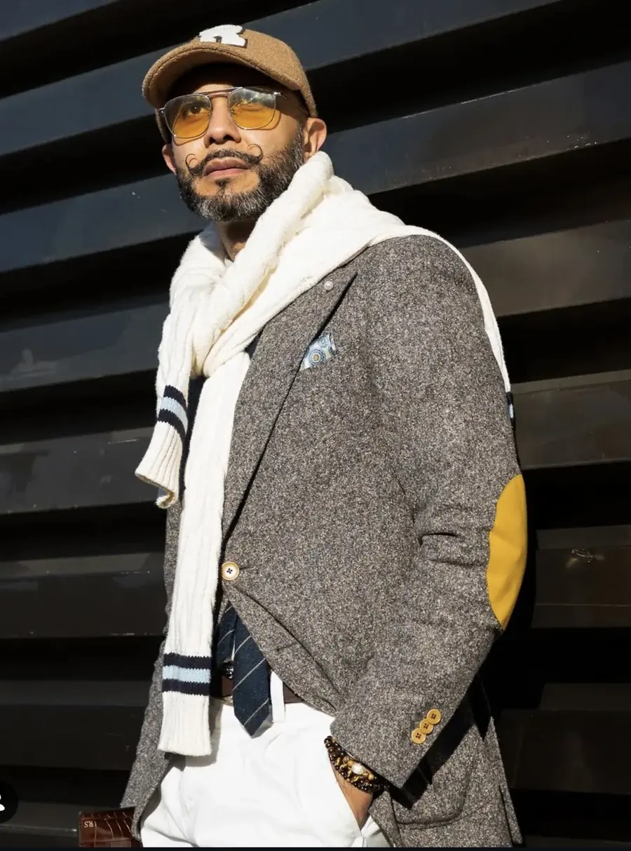 Grey double-breasted winter jacket in textured Donegal tweed