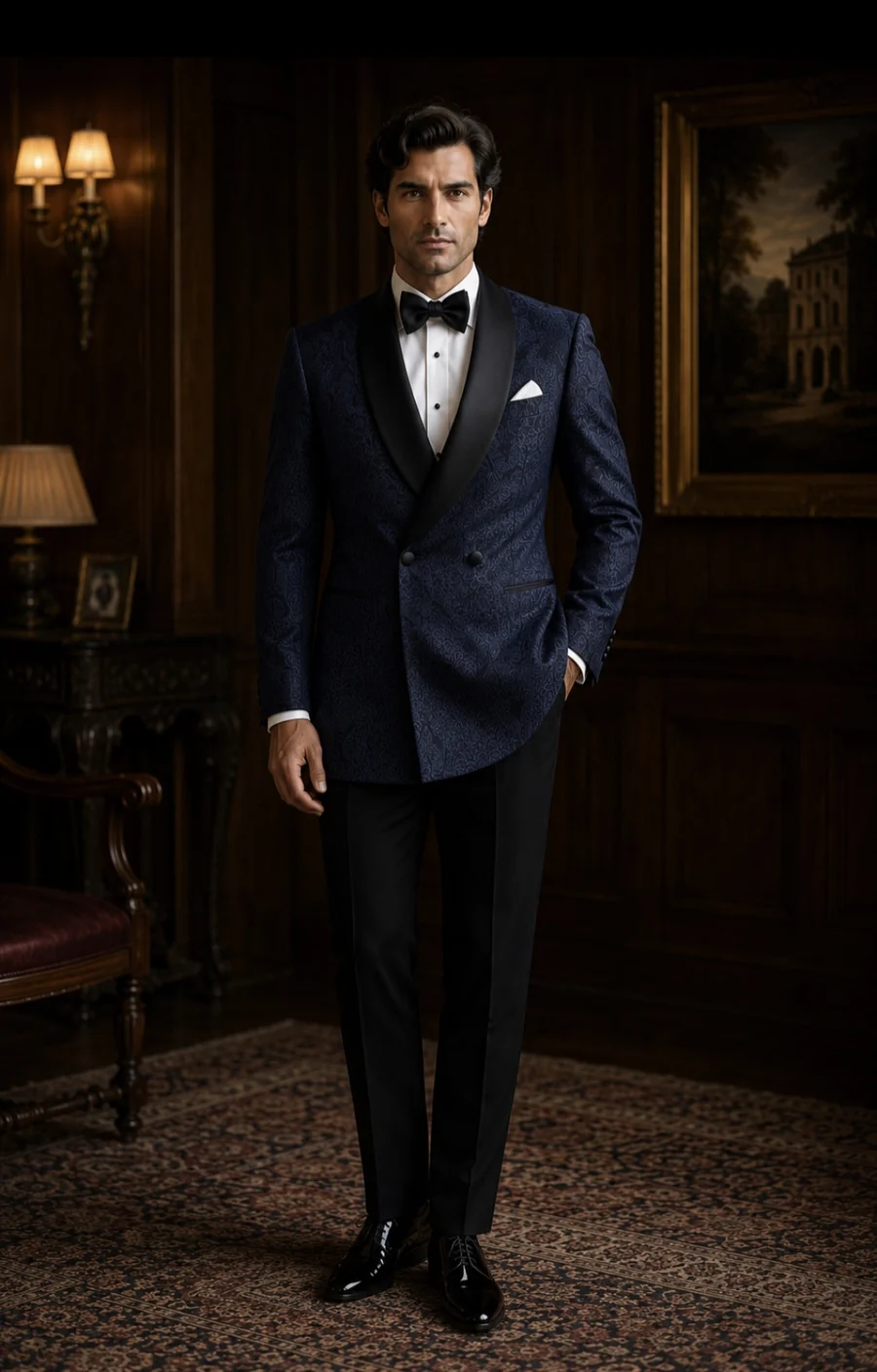 Navy tuxedo with black lapels, a midnight blue take on evening wear
