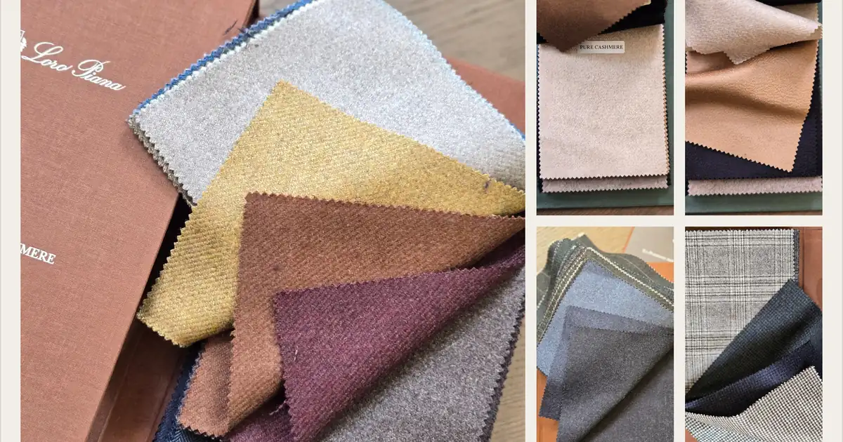 Winter jacket cloth swatches in tweed, flannel and cashmere tones