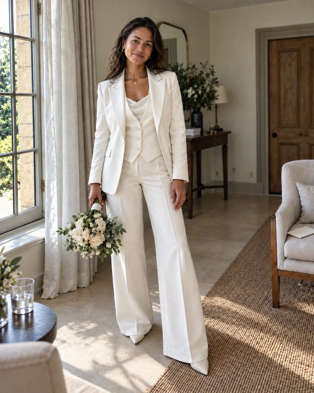 Ivory three-piece bridal suit with a tailored waistcoat, blazer and wide-leg trousers