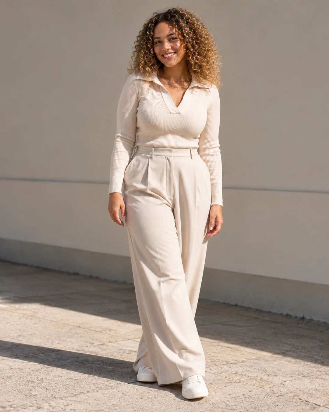 Woman in a plum knit top with grey slim fit trousers, sample image
