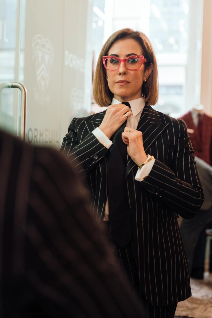Nathalie May in Brighton getting ready for a tailoring appointment