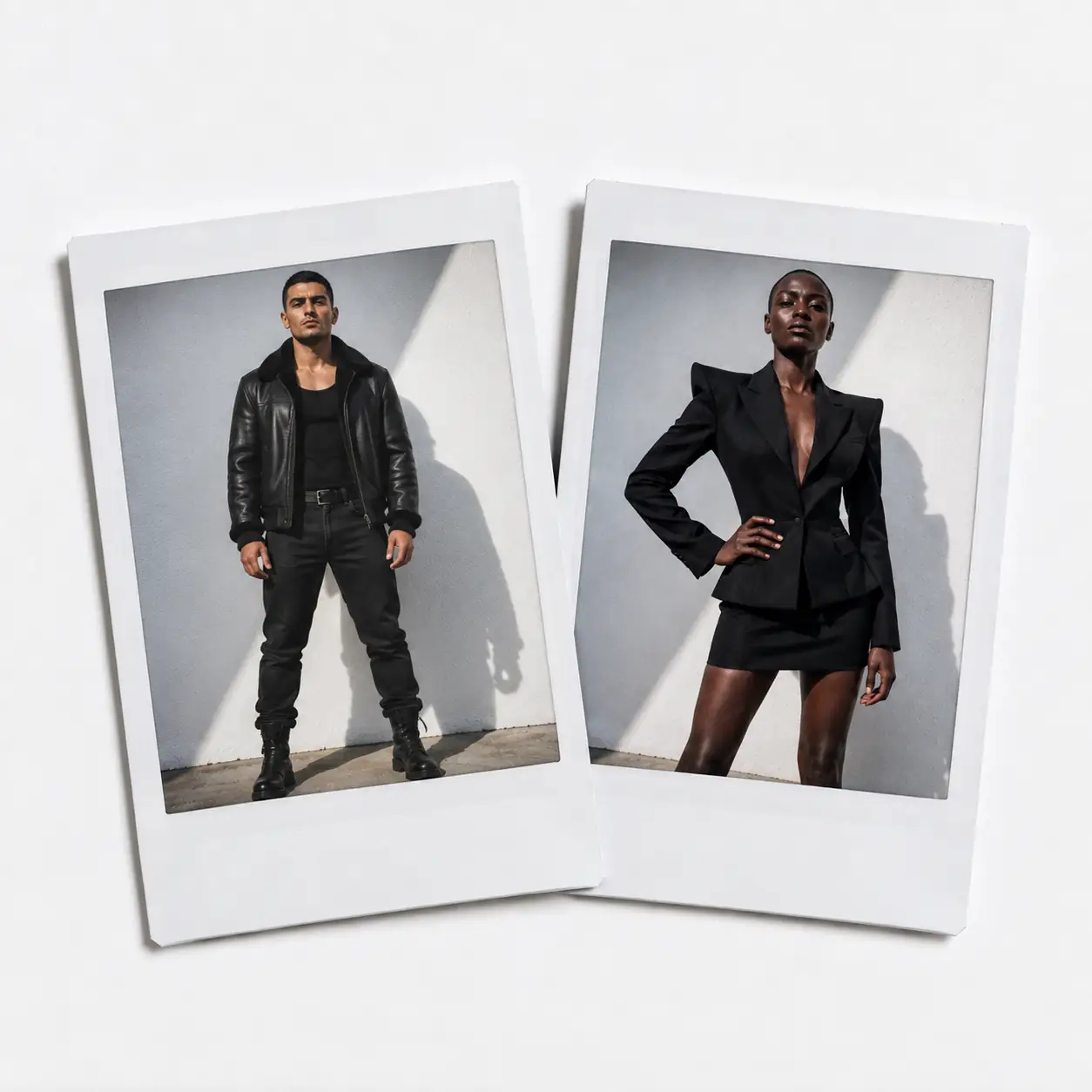 Black shearling collar leather jacket and sharply cut black blazer dress