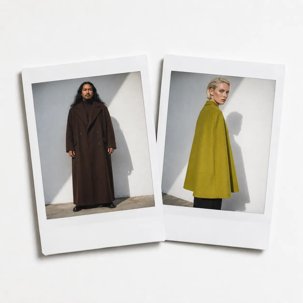 Floor length brown wool overcoat and chartreuse swing coat raised collar
