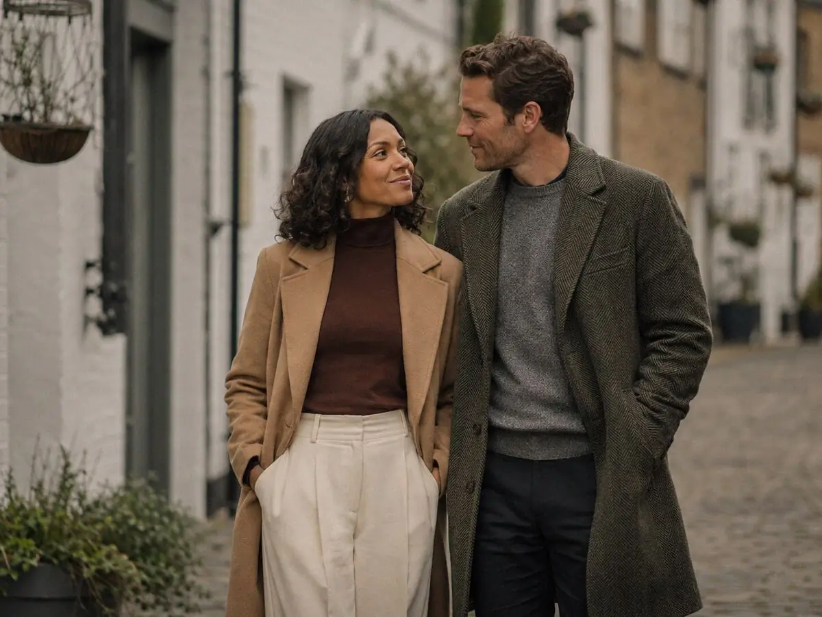 Couple in tailored clothing on a cobbled London mews