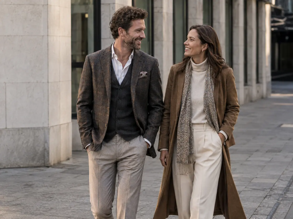 Couple wearing bespoke tailoring made at our Knutsford studio