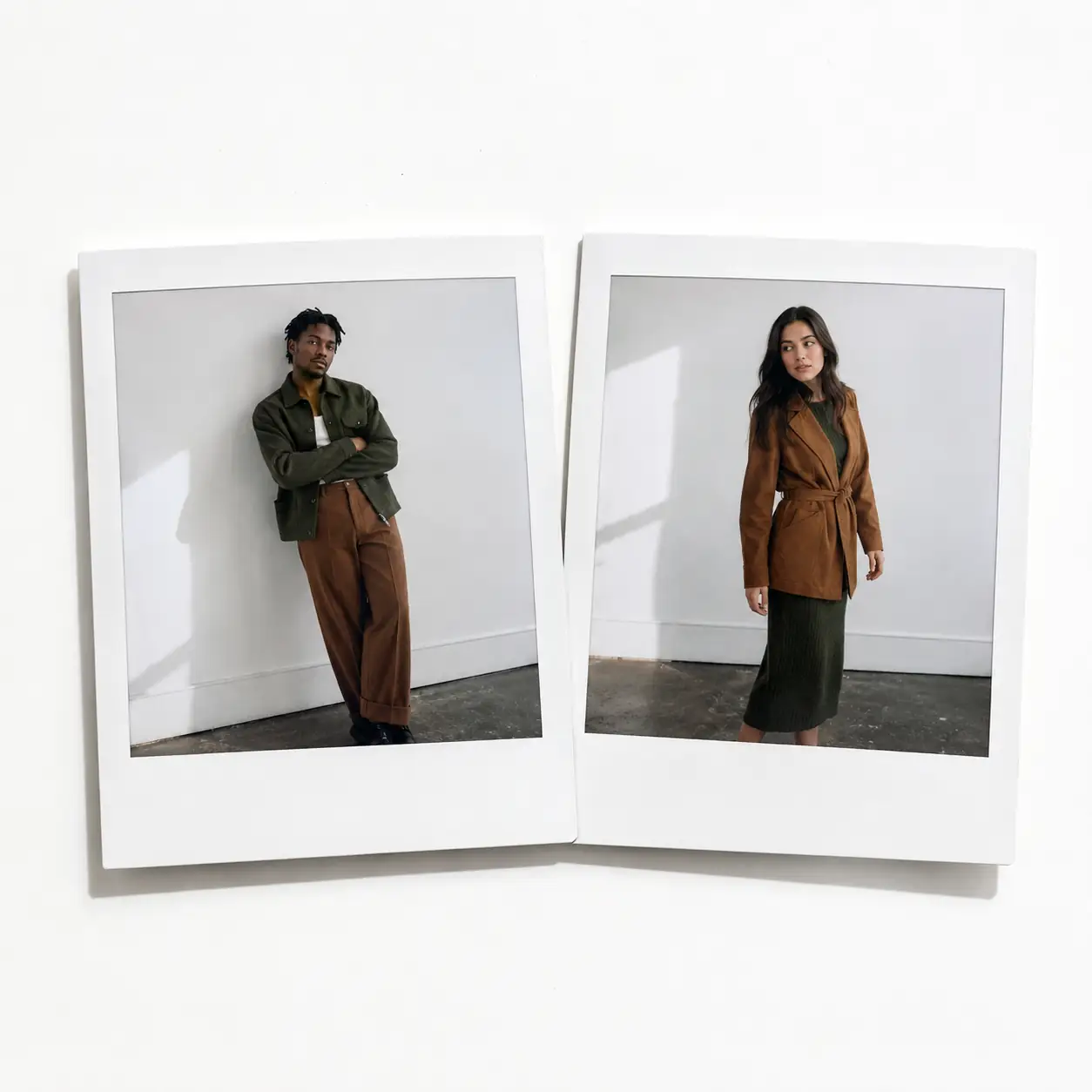 Olive utility jacket with wide brown trousers and tan belted jacket