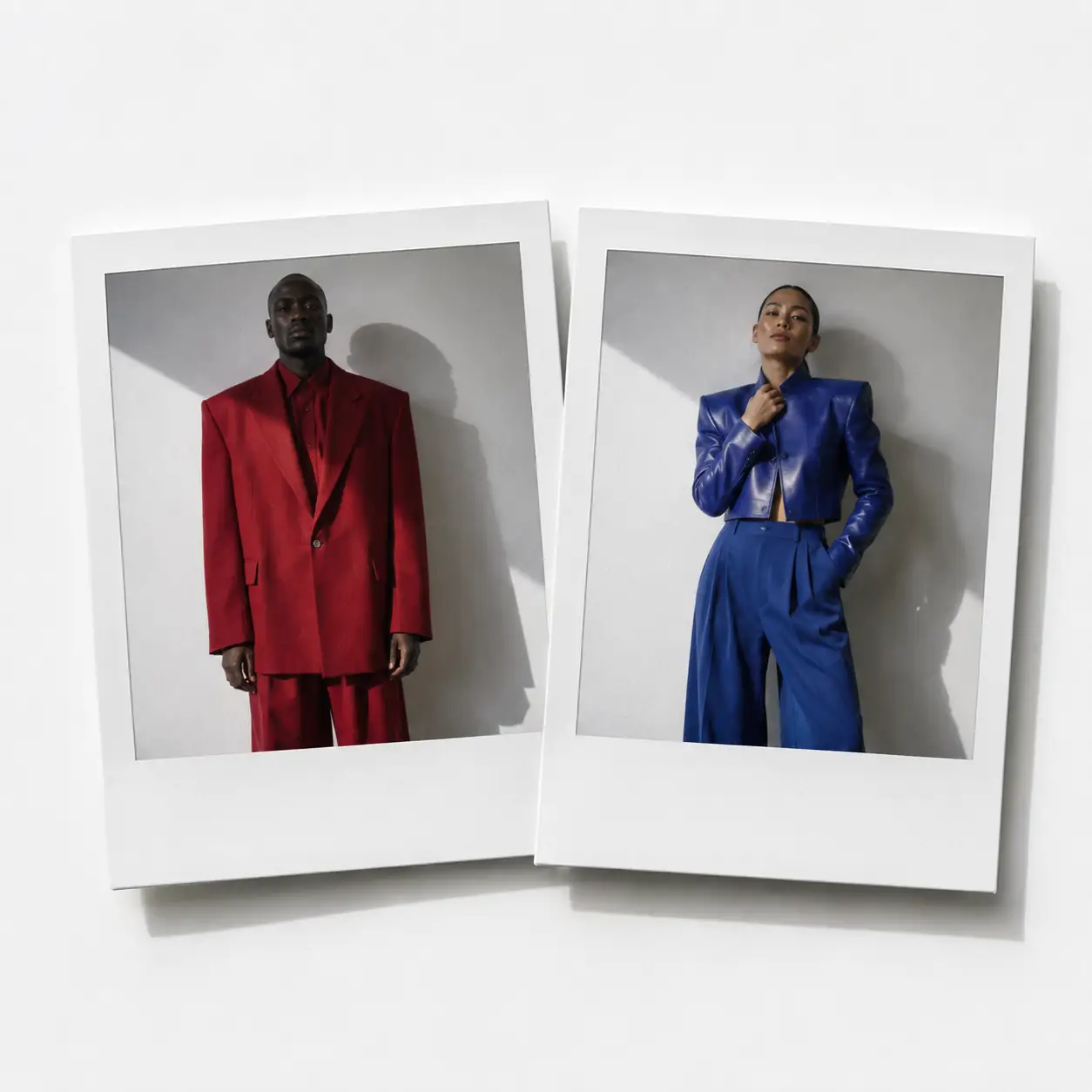 Oversized red suit with strong shoulder and cobalt blue leather jacket