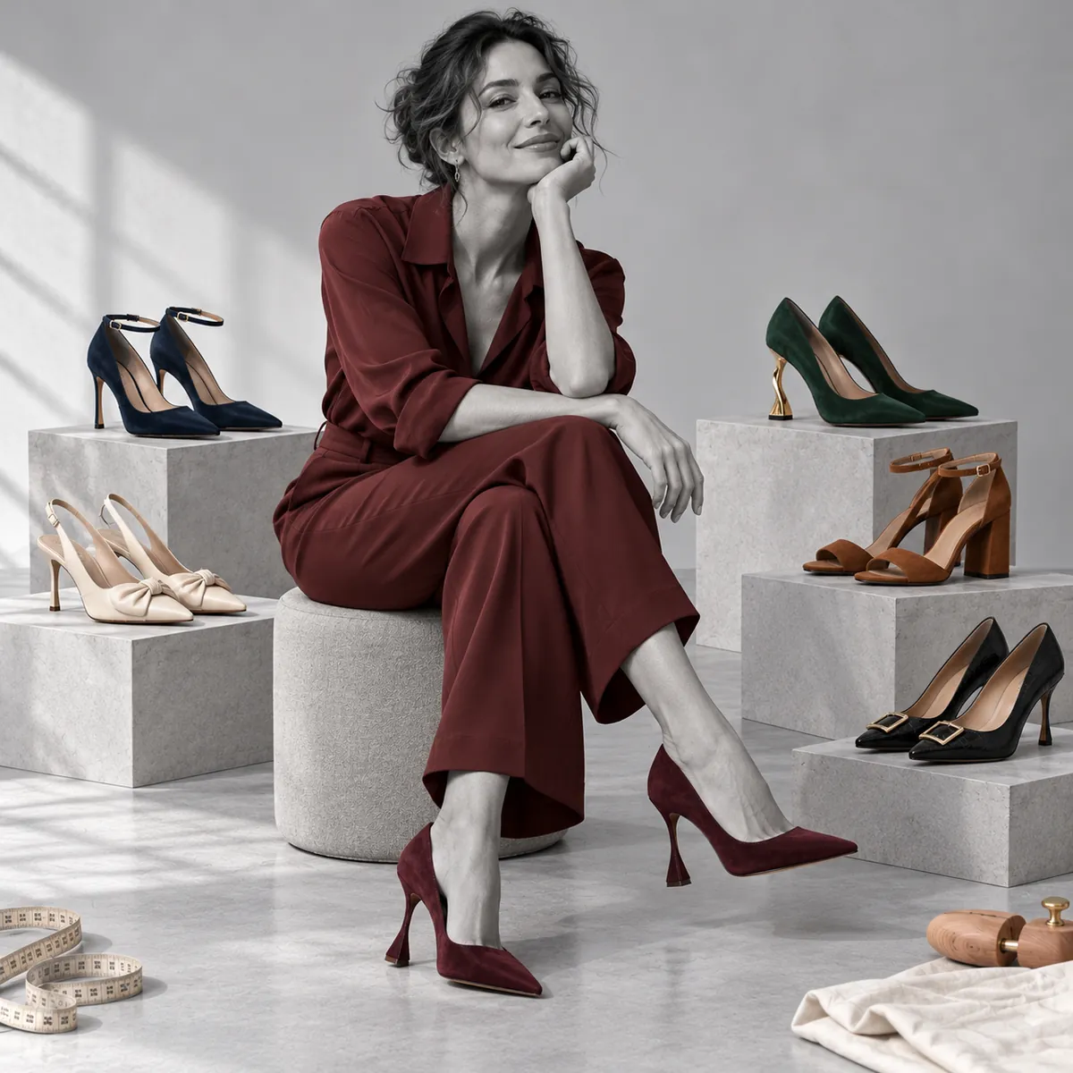 Women’s burgundy tailored outfit shown with a shoe collection