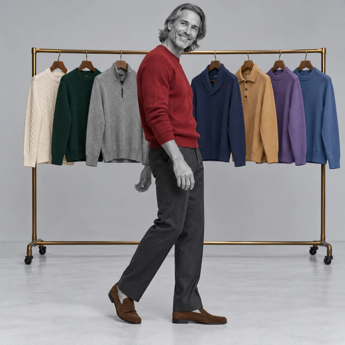 Red jumper shown with a colourful knitwear collection