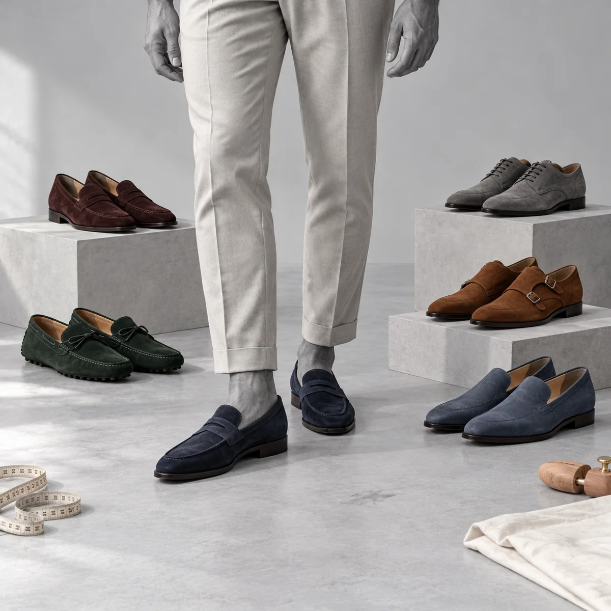 Men’s navy loafers shown with a colourful shoe collection