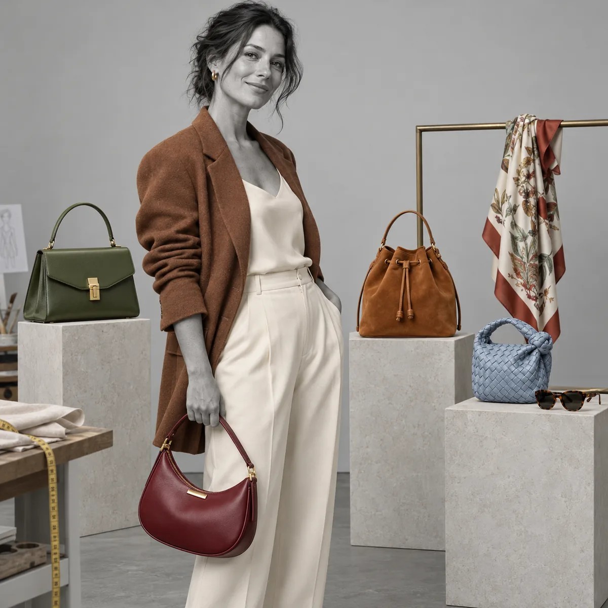 Women’s colourful handbags and silk scarves