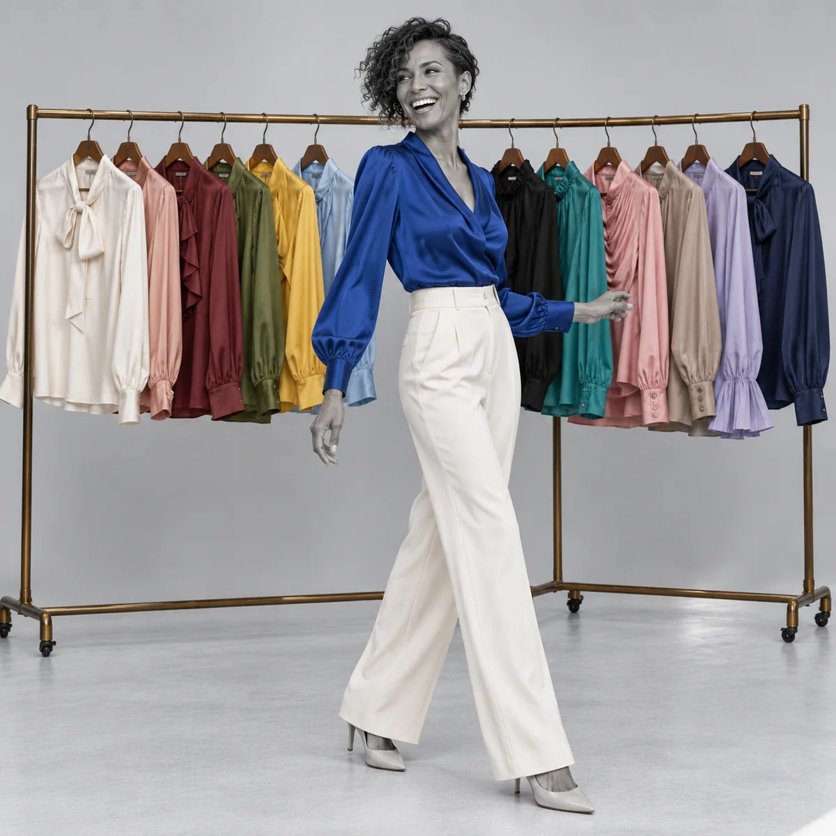 Women’s royal blue blouse shown with a colourful blouse rail