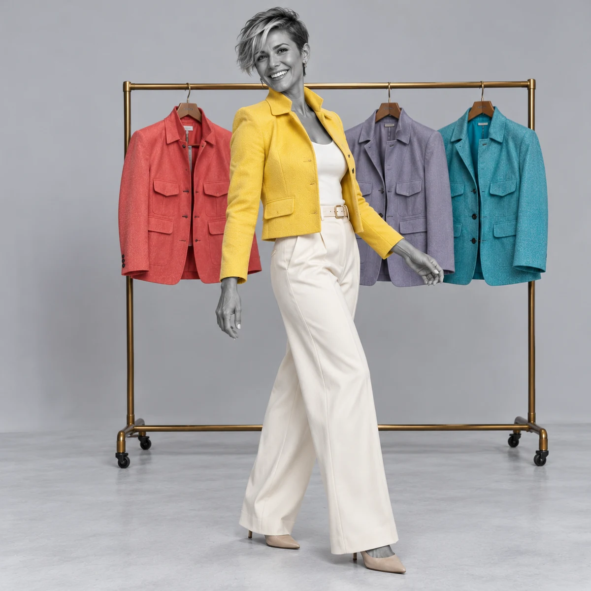 Women’s yellow cropped jacket shown with a colourful jacket collection