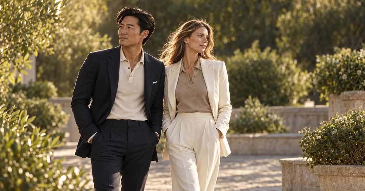 Couple Wearing Polo Shirts Under Tailored Blazers - Illustrative Image