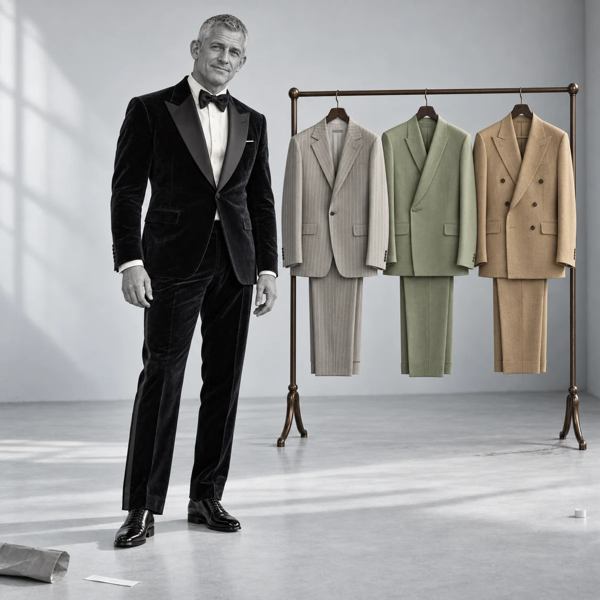 Men’s black tie dinner suit shown with a tailored suit collection
