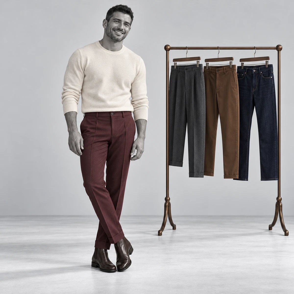 Men’s burgundy tailored trousers shown with smart casual separates