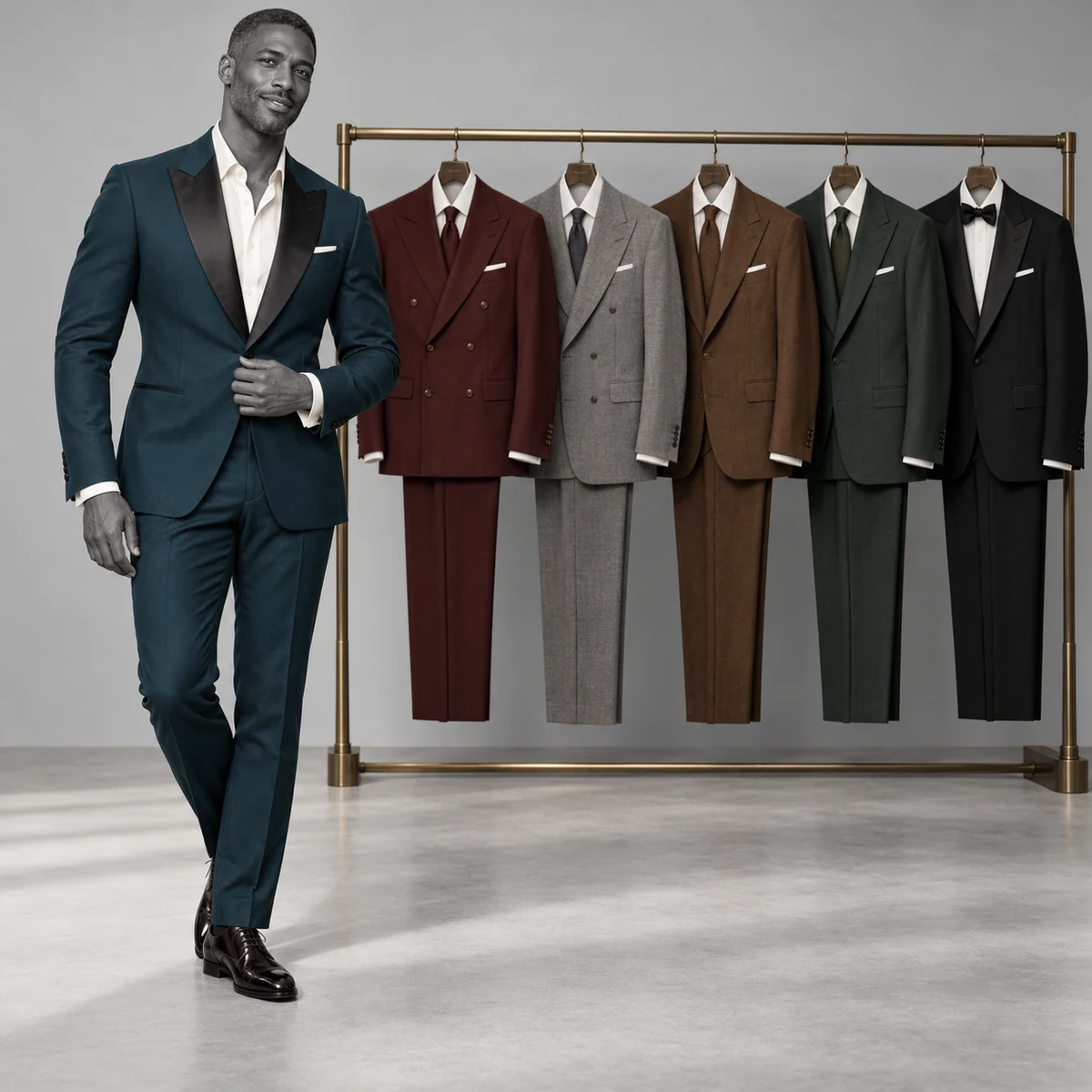 Men’s dark teal tailored suit shown with a formal suit collection