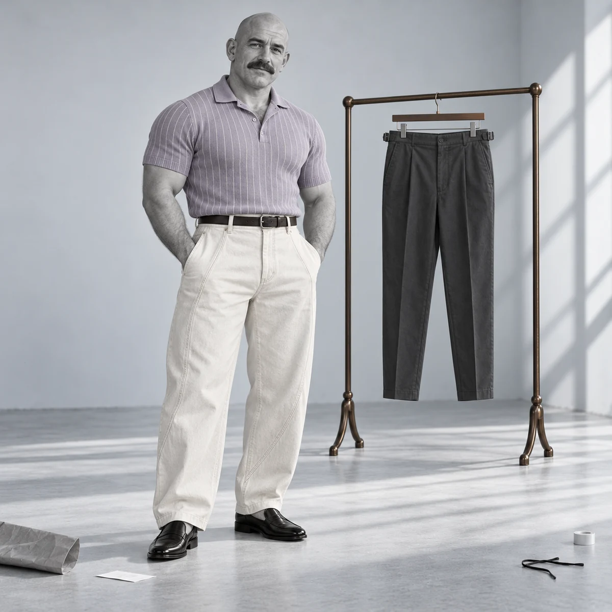 Men’s lilac polo shown with cream tailored chinos and trousers