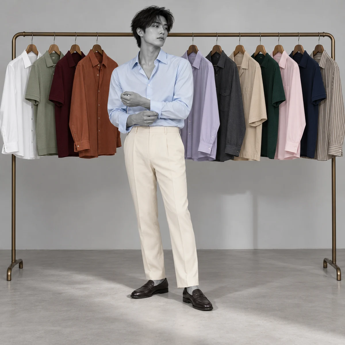 Men’s pale blue casual shirt shown with a shirt collection