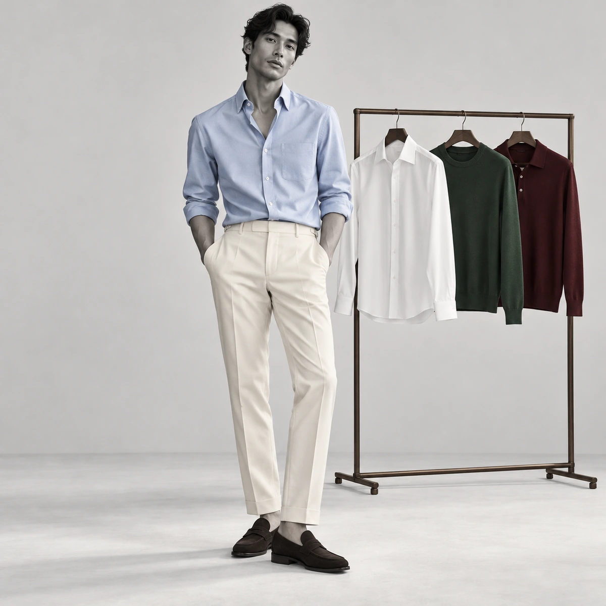 Men's pale blue shirt shown with knitted polos and other shirting