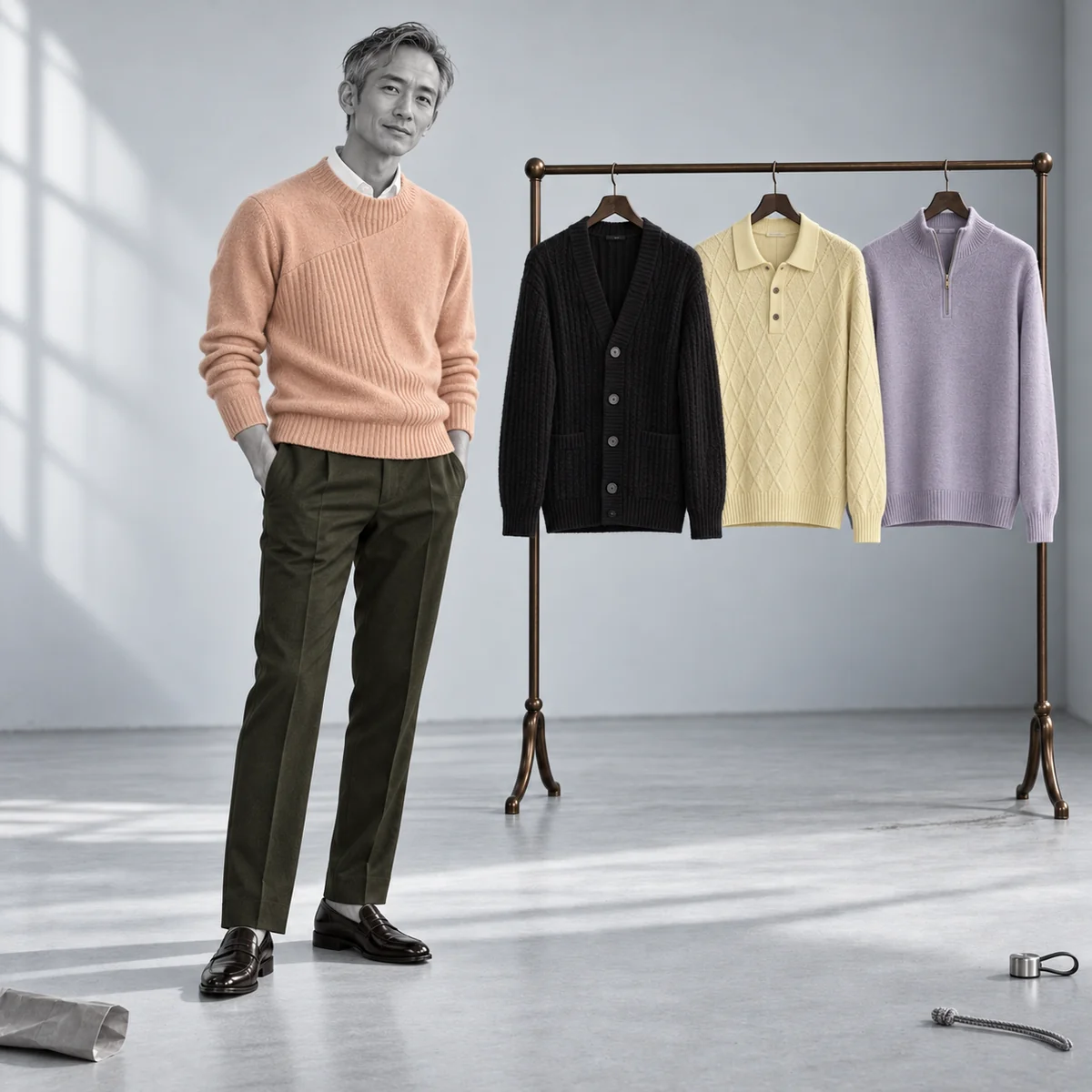Men’s peach crew neck jumper shown with a knitwear collection
