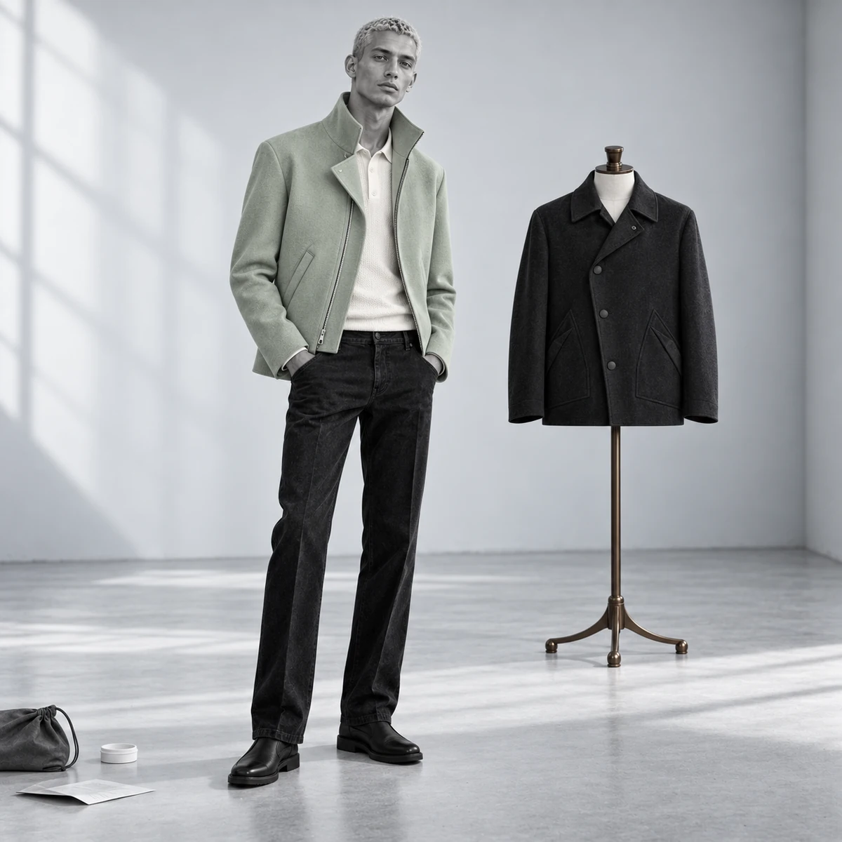 Men’s sage green casual jacket shown with tailored trousers
