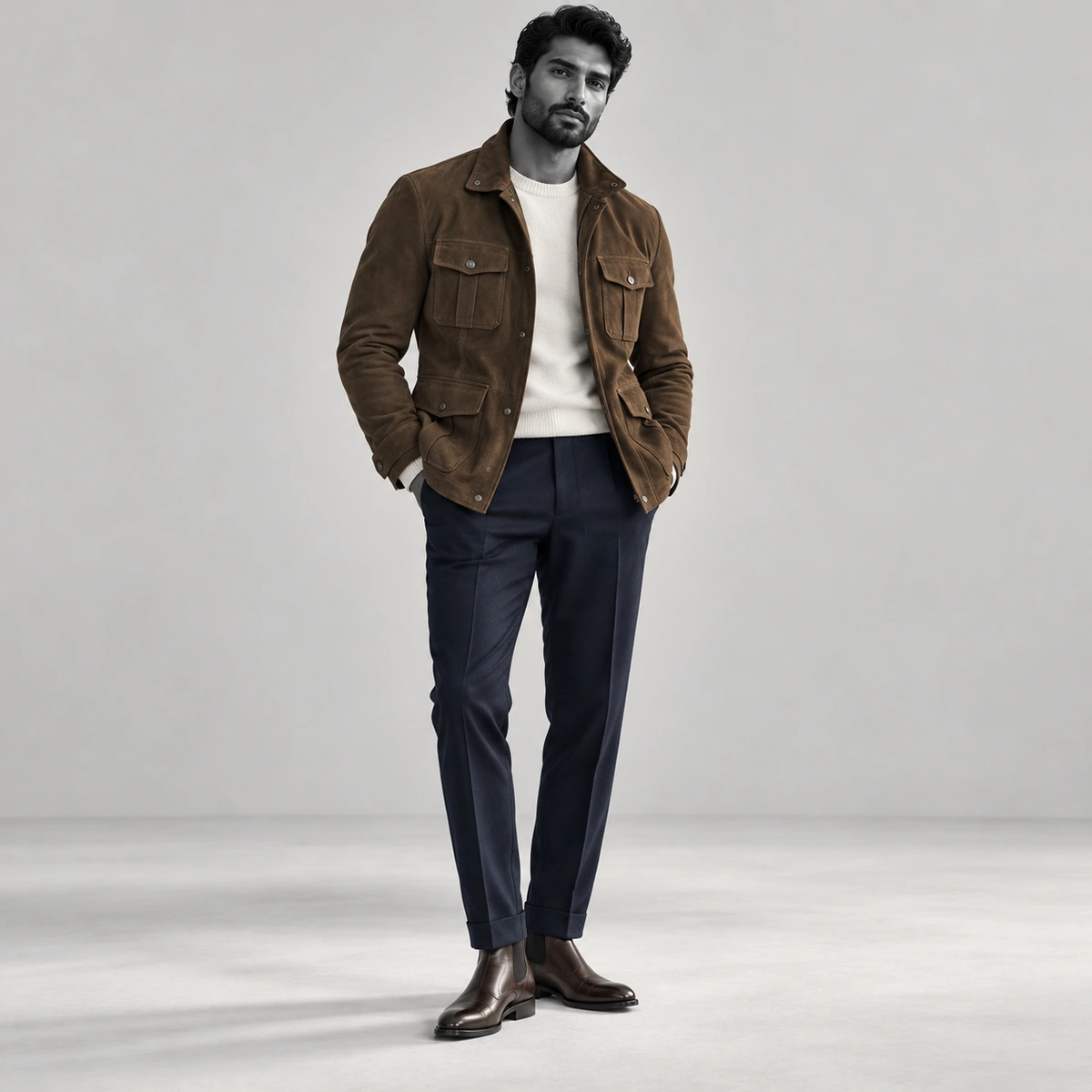 Men's tobacco field jacket shown with navy trousers