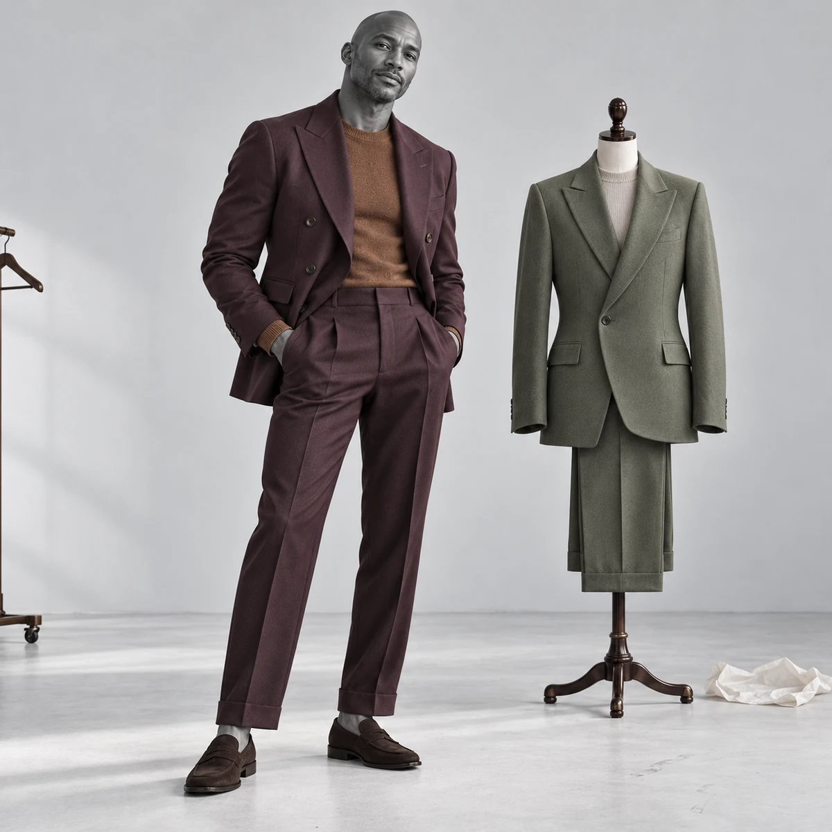 Men's wine red tailored suit shown with a sage green suit
