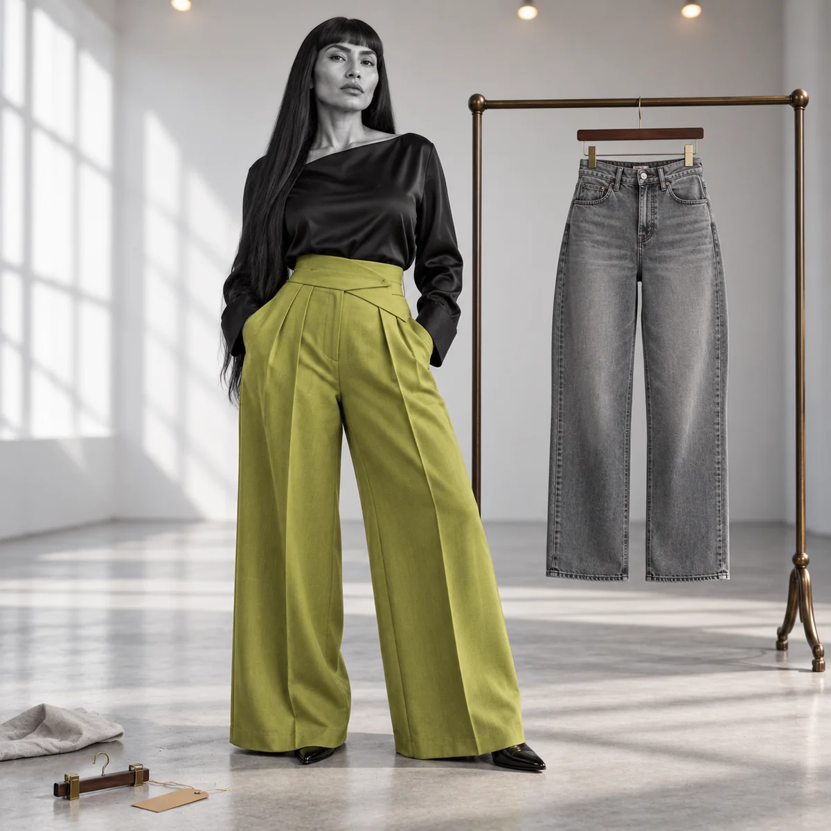 Women’s black blouse shown with lime wide-leg trousers