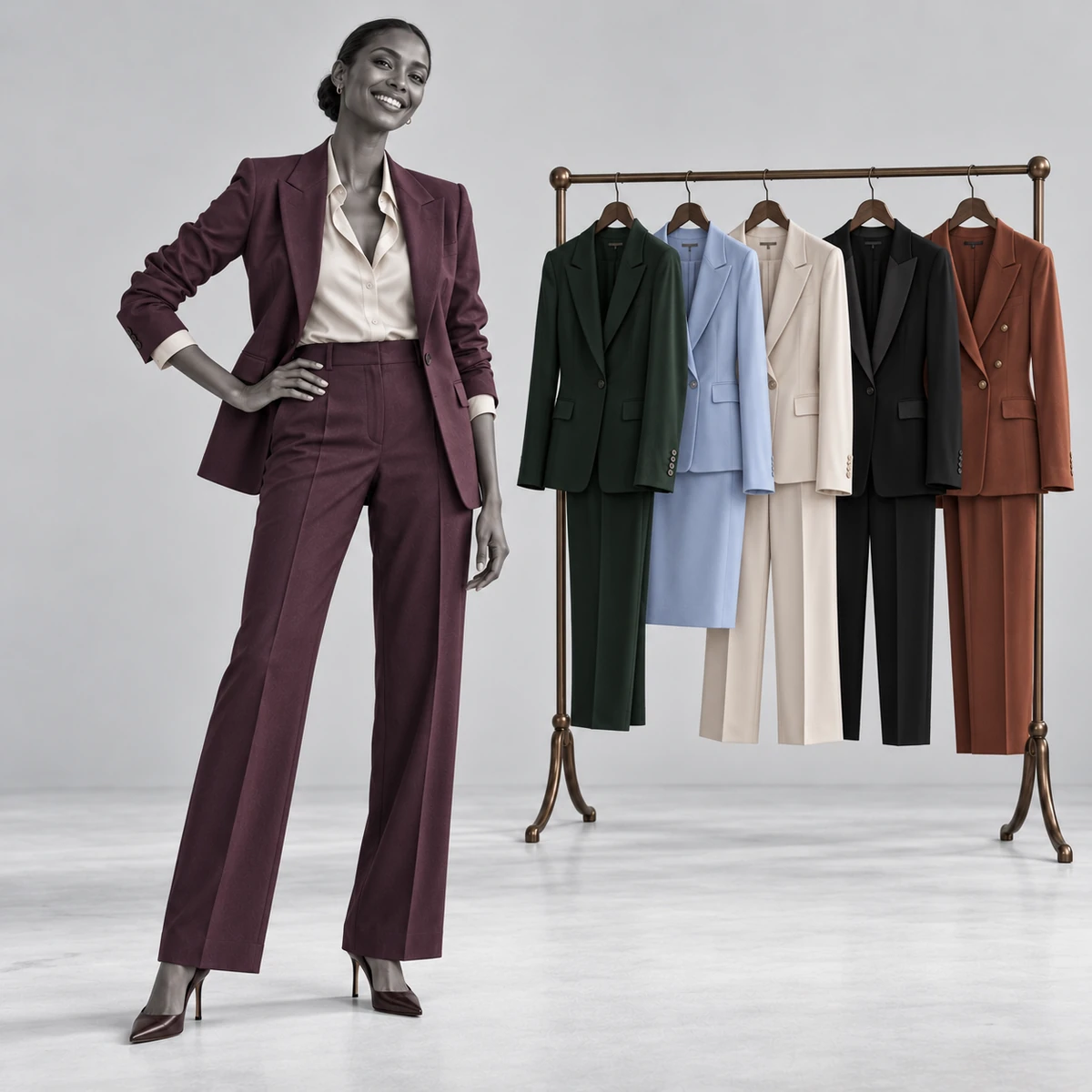 Women’s burgundy trouser suit shown with a tailored wardrobe collection