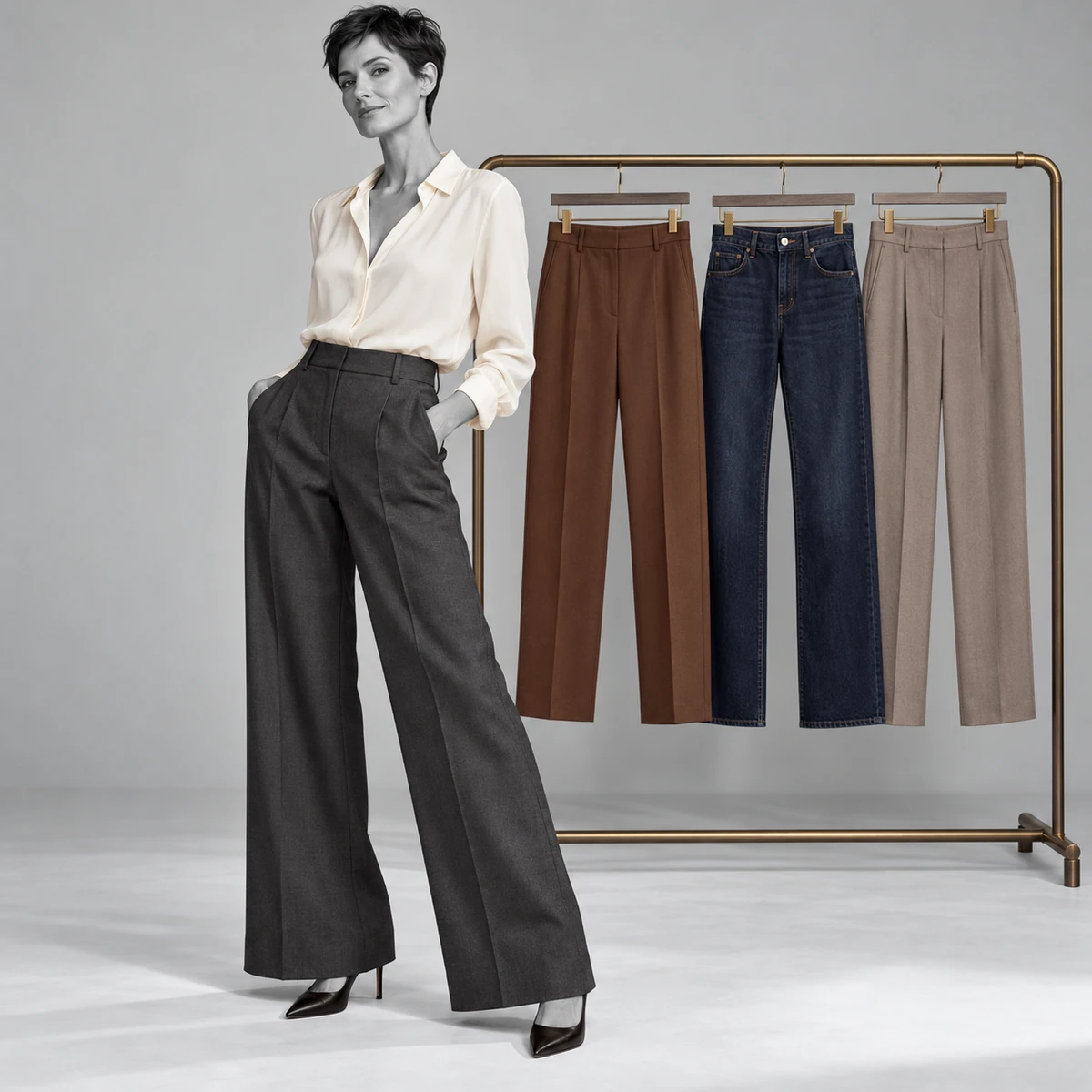 Women’s charcoal wide-leg trousers shown with tailored separates