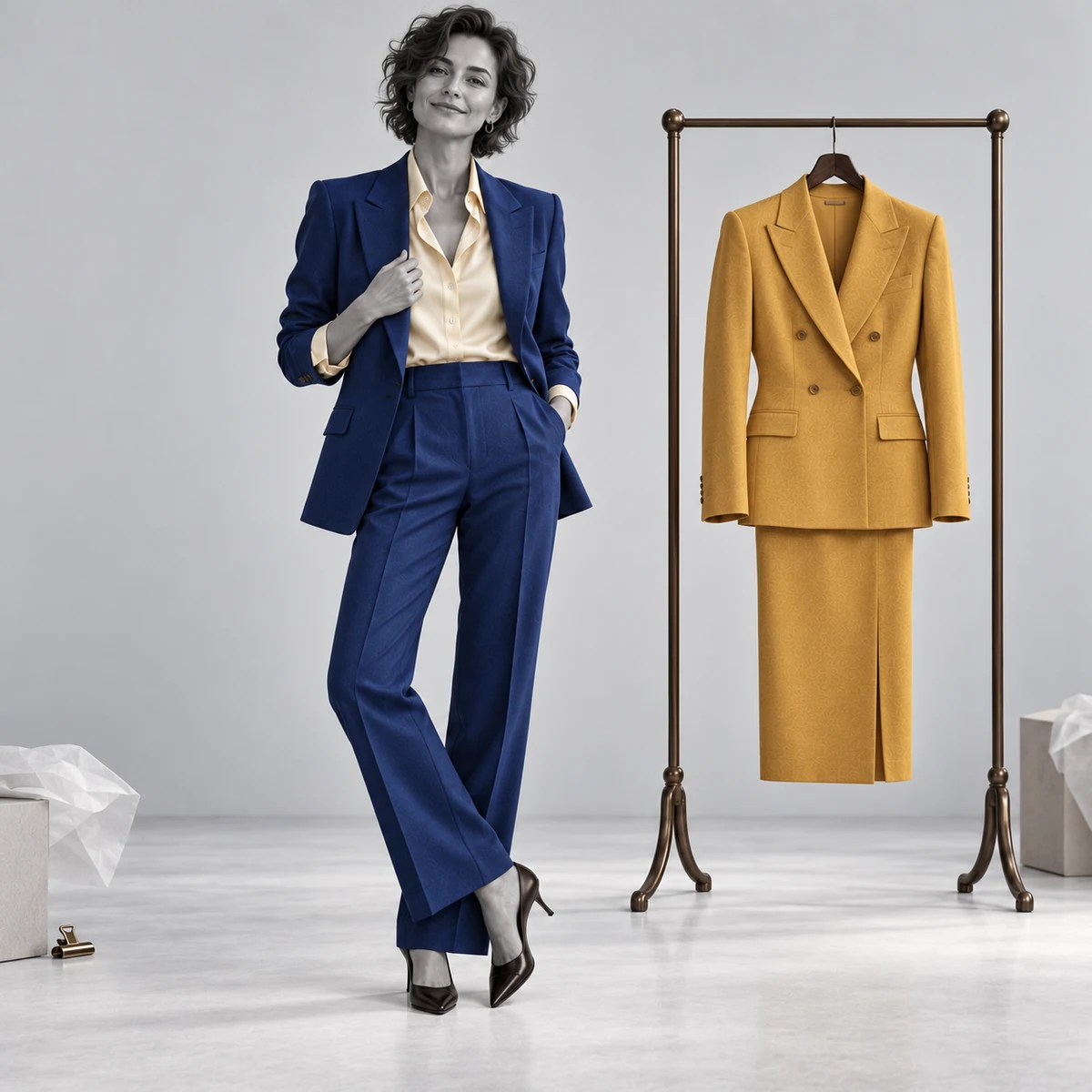 Women's cobalt blue trouser suit shown with mustard tailoring