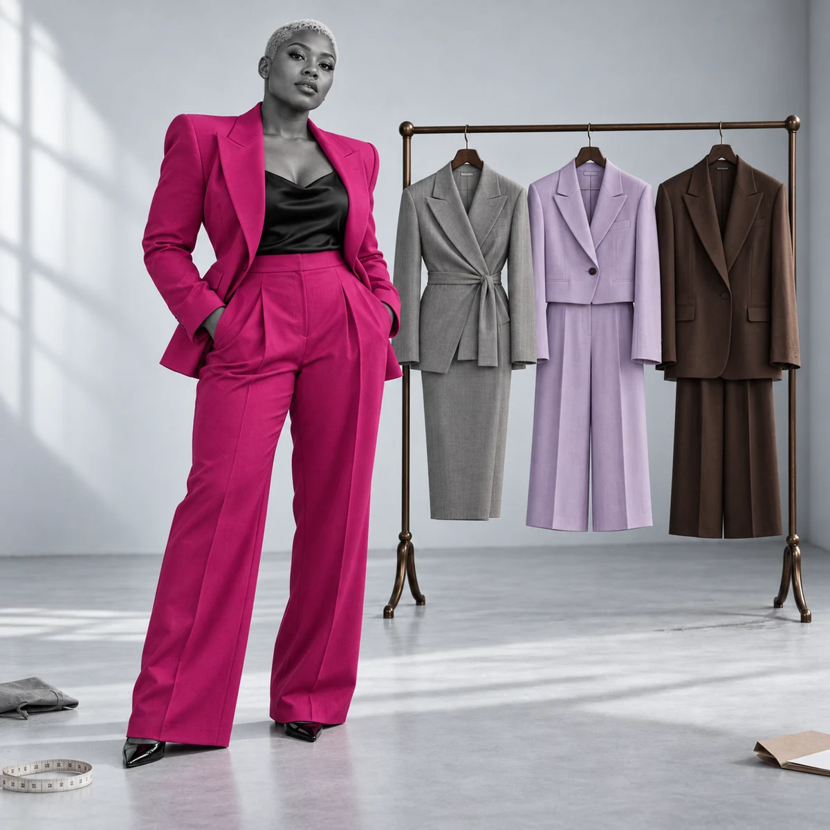 Women’s fuchsia trouser suit shown with a tailored suit collection