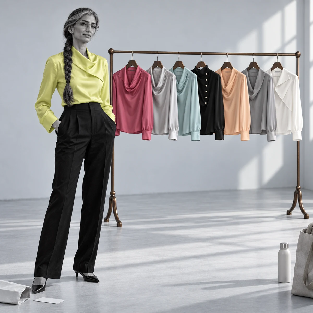Women’s lime green blouse shown with a colourful blouse collection
