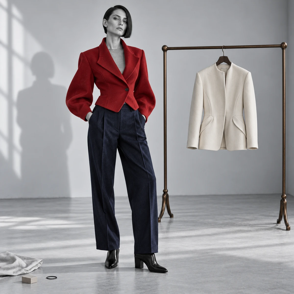 Women’s red casual tailored jacket shown with relaxed trousers