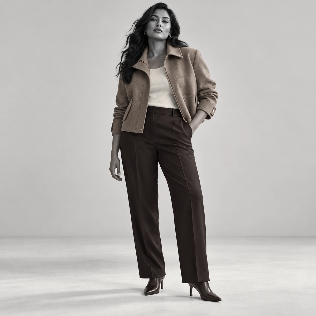 Women's taupe casual jacket shown with brown tailored trousers
