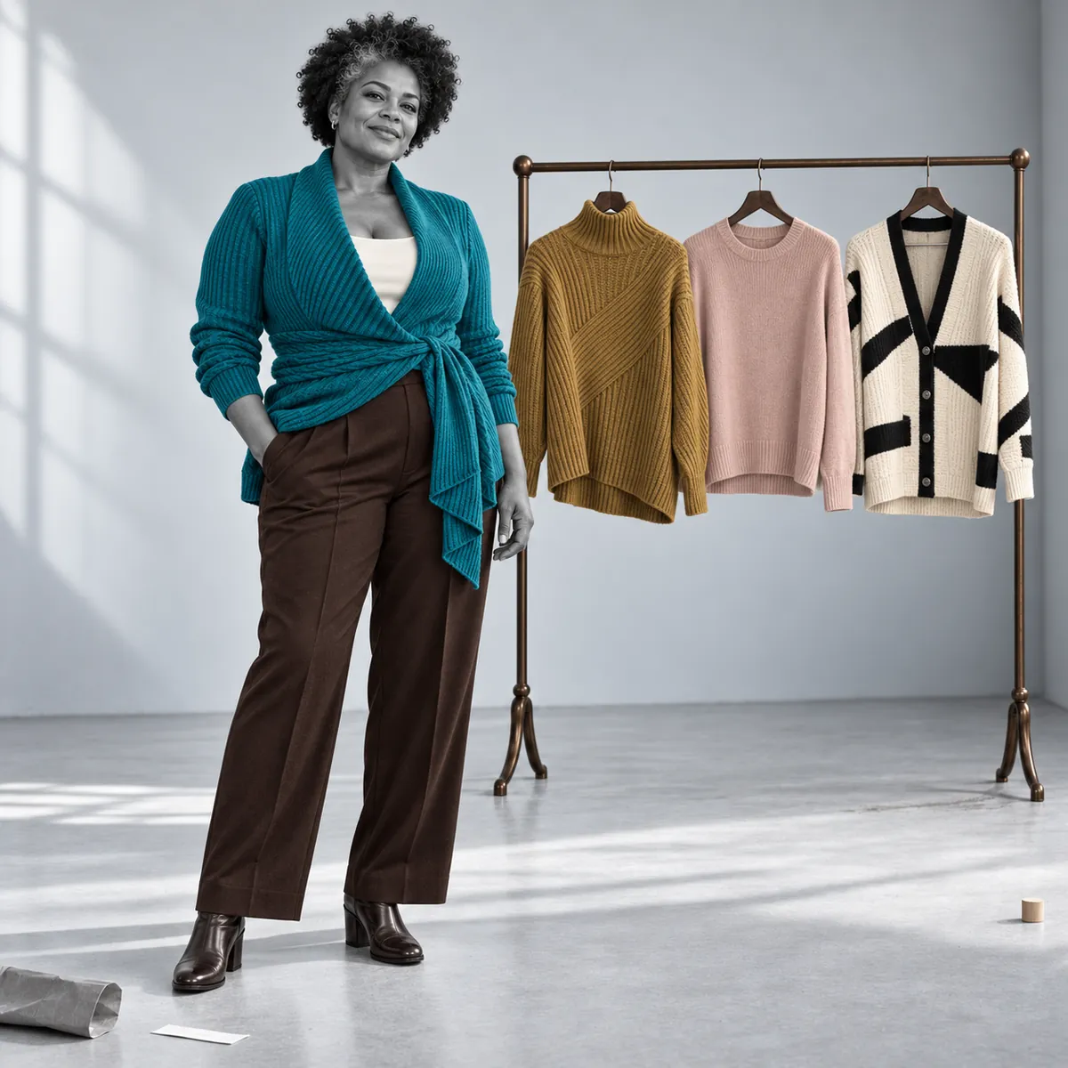 Women’s teal wrap cardigan shown with a knitwear collection
